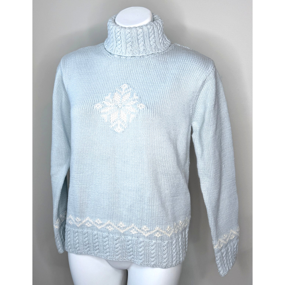 Vtg Lauren Ralph Lauren Hand Knit Lt. Blue w/White Snowflake HIgh Neck Sweater L